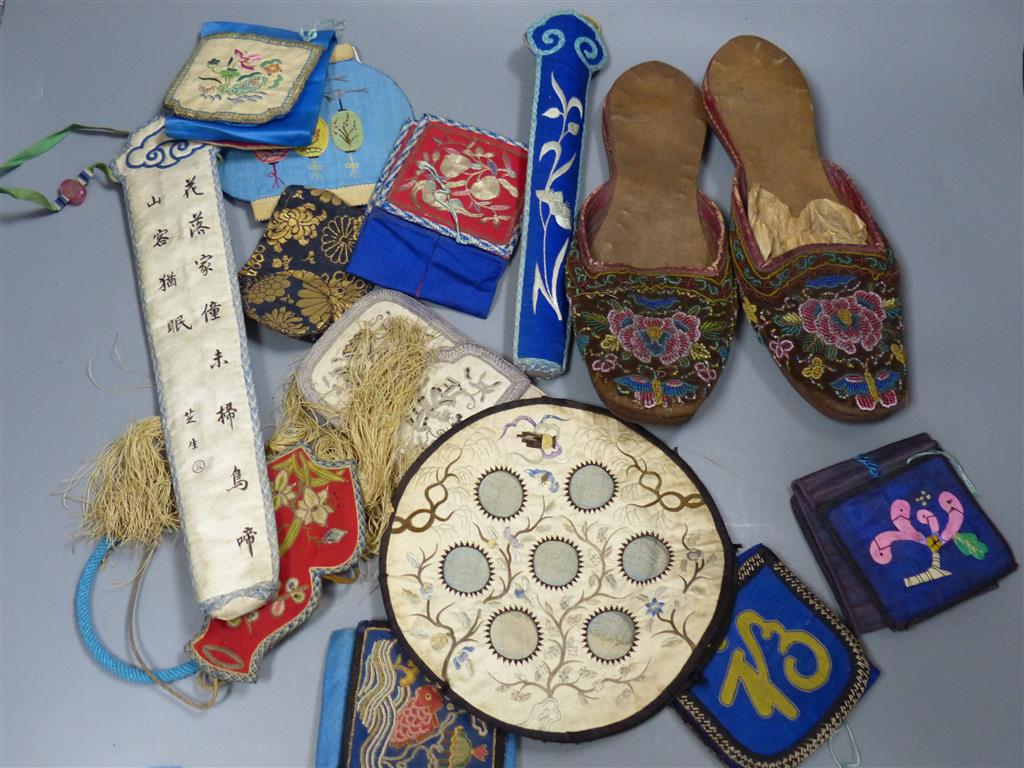 A Chinese ivory handled silk fly whisk, fan cases, fans, beaded shoes etc.